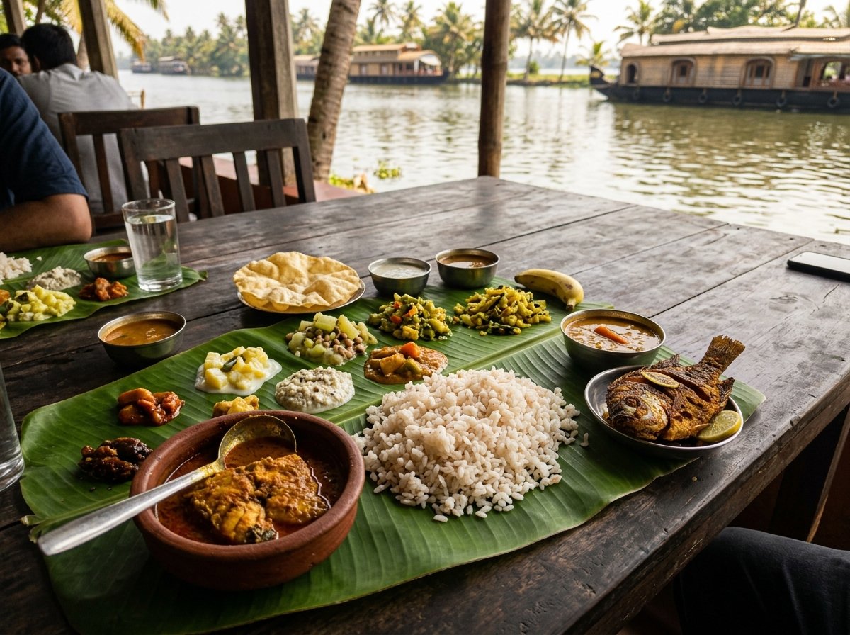 Authentic Kerala banana leaf feast with fish curry & seafood